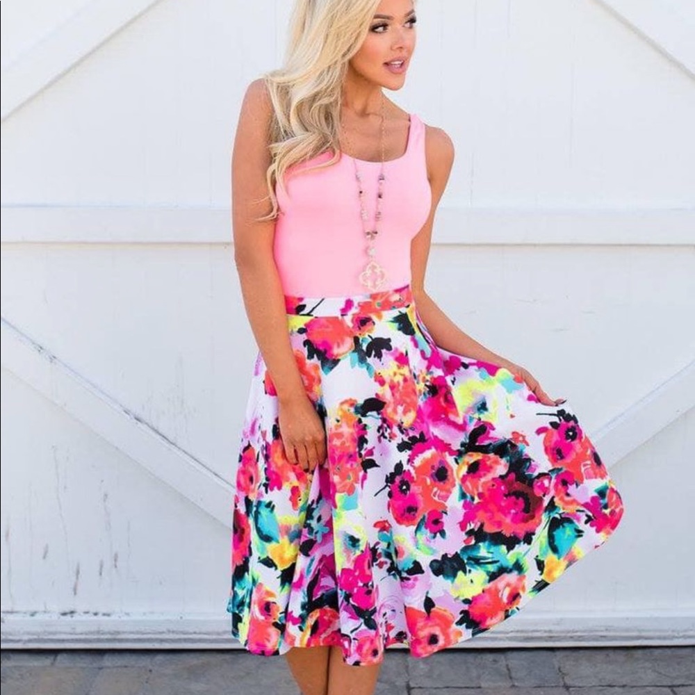 NWOT Bright Floral Midi Skirt